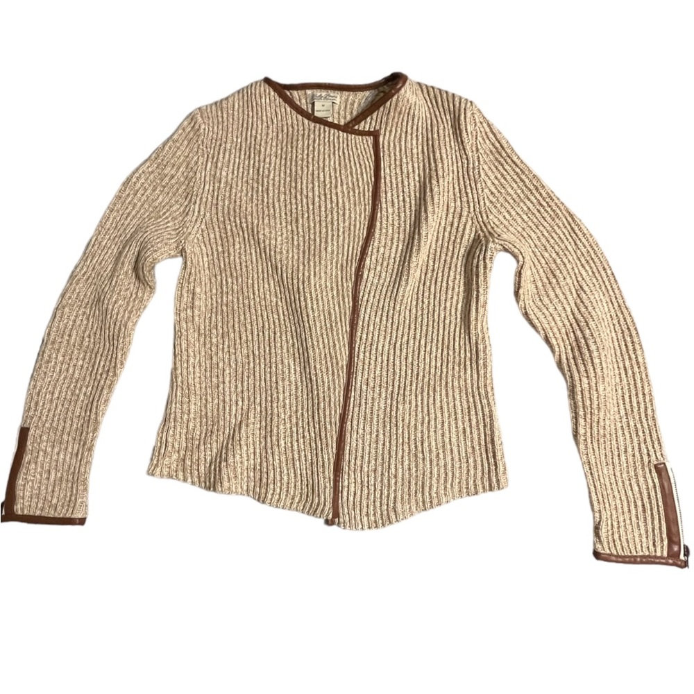 NWOT Lucky Brand Open Faux Leather Edged Sweater, Browns |M - Picture 3 of 15
